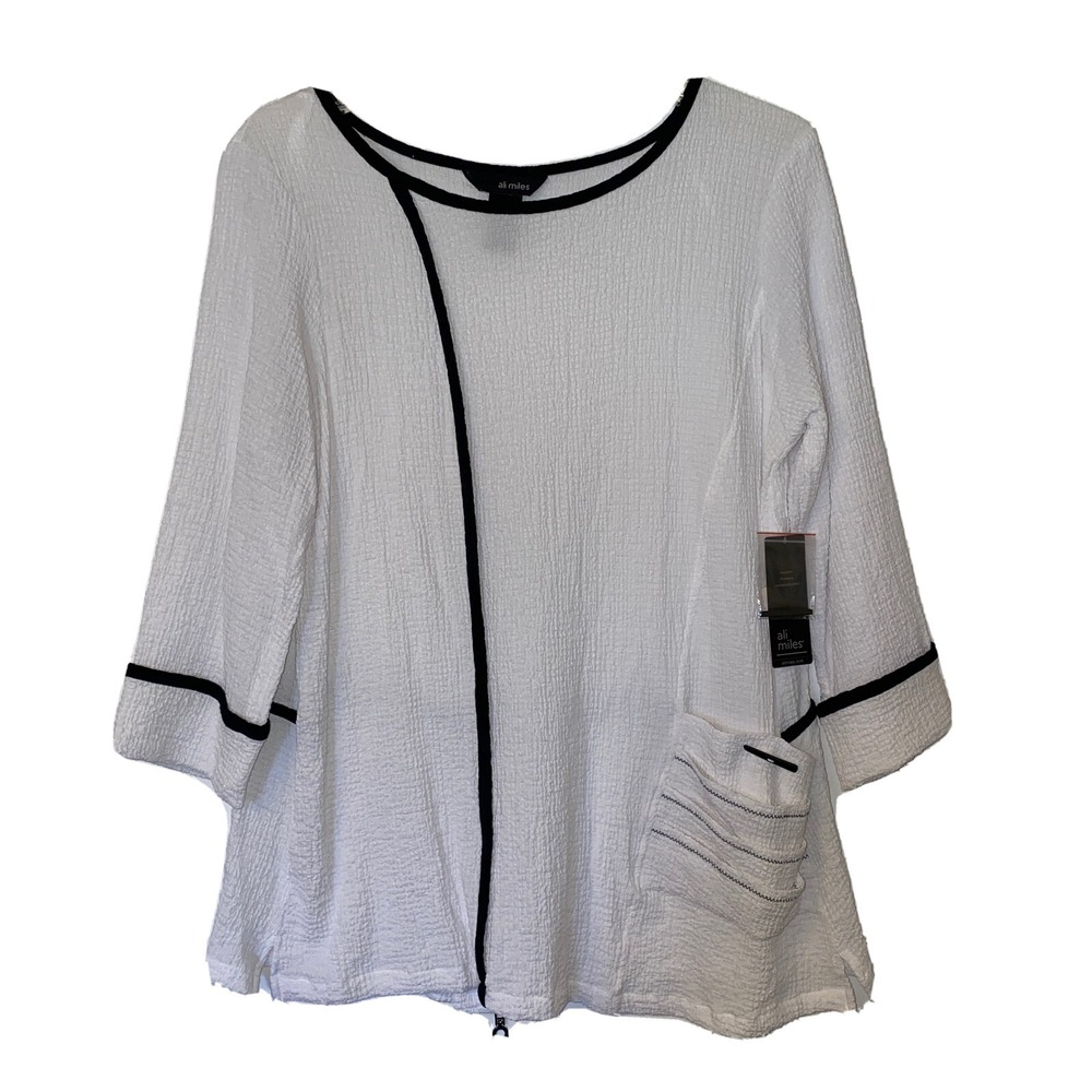 Ali Miles White Crinkle Lagenlook Art to Wear Black Zipper Pocket Accent NEW PL